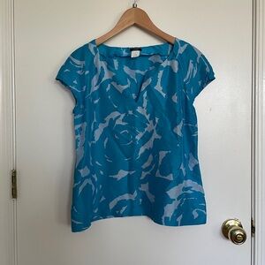 J. Crew Blue Abstract Floral Patterned Silk Short Sleeved Blouse